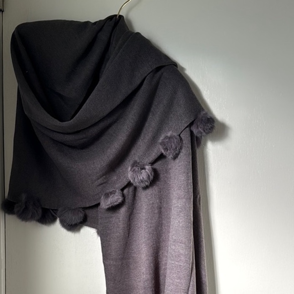 Cozy Gray Knit Shawl with Pom Poms